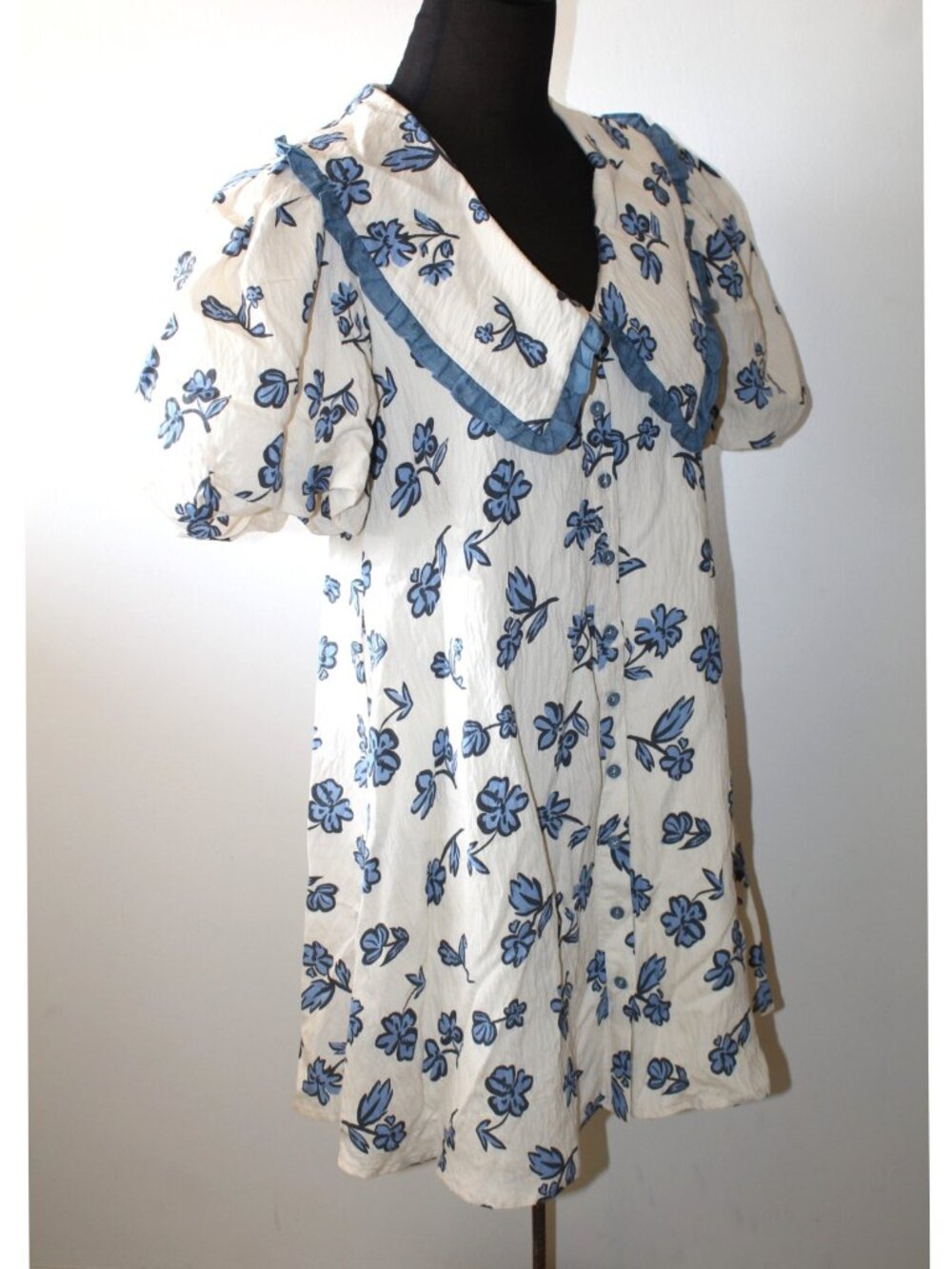 Poppy Collared Mini Dress Blue floral Print Size Small Ruffled Peter Pan Collar - Picture 14 of 14